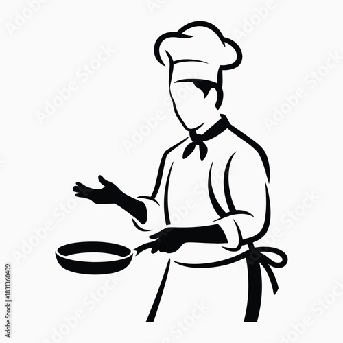 Chef presenting food cooking in a frying pan, culinary master with culinary attire