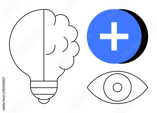 Brainstorming concept. Minimalist illustration lightbulb, eye, and plus symbol innovation and creative problem-solving. Brainstorming for entrepreneurship, education, collaboration, and visual design