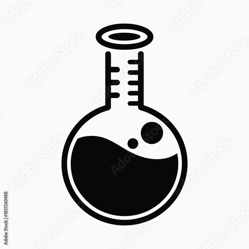 Round bottom flask icon with liquid and bubbles, science and chemistry symbol