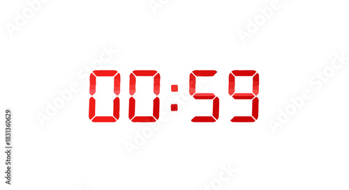 Close-up of a red digital timer displaying fifty-nine seconds, symbolizing a deadline, urgency, or the final moment before an event