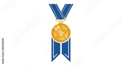 Golden Star Medal with Blue Ribbon Hanging Displayed on a White Background Symbolizing Achievement and Recognition