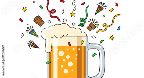 A celebratory cartoon illustration of a beer mug with overflowing foam, surrounded by an explosion of colorful confetti and party poppers