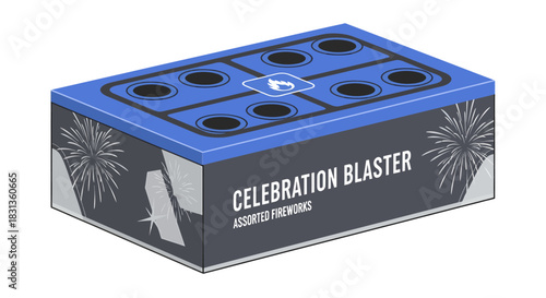 A vibrant illustration of a celebration firework box, featuring multiple launch tubes ready for a festive display