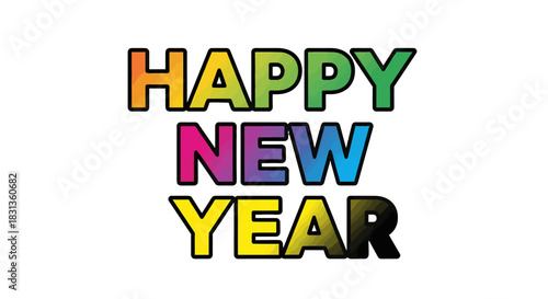 Celebrate the New Year with a vibrant and colorful "Happy New Year" text graphic, perfect for holiday greetings and festive designs