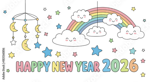 Happy New Year 2026 Cute Cartoon Rainbow Clouds Moon Stars Mobile and Decorative Elements