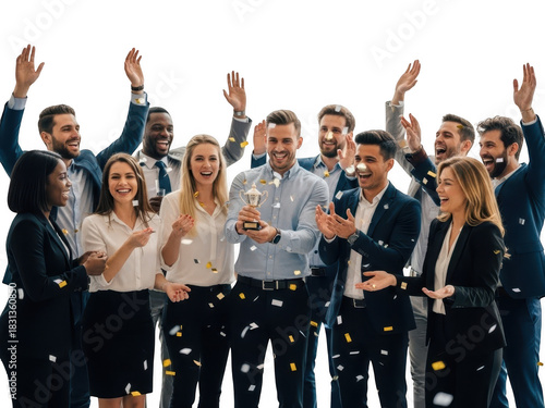 Happy diverse business team celebrating success with confetti and a trophy, isolated on transparent background