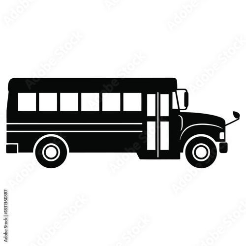 School Bus Icon Vector Illustration, Black and White Bus Drawing, Transportation Silhouette Graphic
