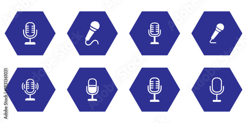 Collection of microphone icons in various styles for podcasting and broadcasting