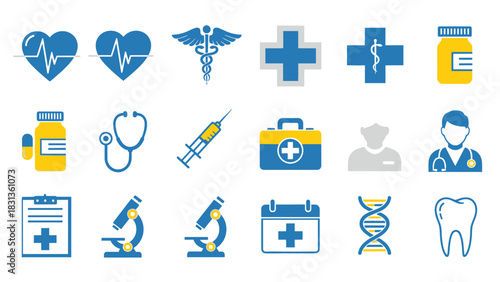 Medical Icons Array: An organized array of medical icons, representing essential aspects of healthcare, medical equipment and symbols. 