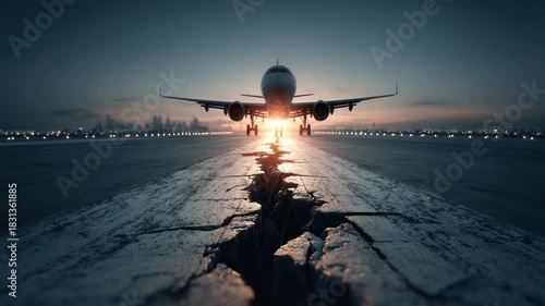 Airplane on damaged runway at dusk. Cracked asphalt leads to aircraft illuminated by sunset glow