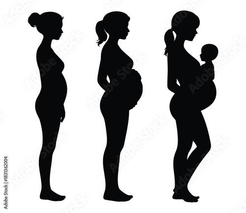 Female Pregnancy and Motherhood Journey Silhouette: Woman, Pregnant, and New Mother Stages