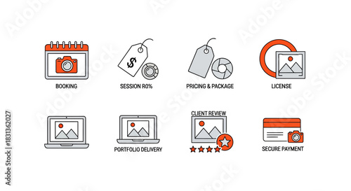 Set of hand-drawn doodle icons related to photography business and services.