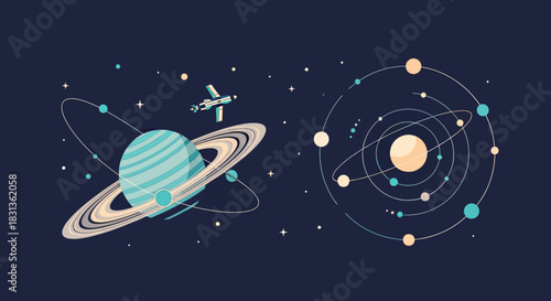 Solar System and Saturn with Rings and Satellite in Space.