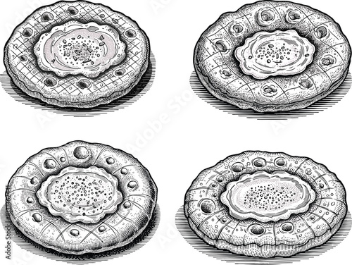 Vintage engraved Hungarian lángos garlic flatbread icon set featuring crispy dough, creamy topping and classic street-food style