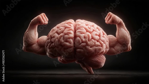 Anatomical representation depicts a brain flexing its arms, symbolizing mental strength