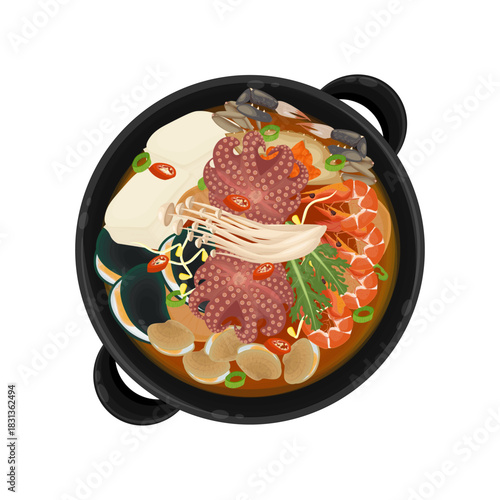 Vector Illustration logo Clip art Top View Haemultang Spicy Korean Seafood Hotpot