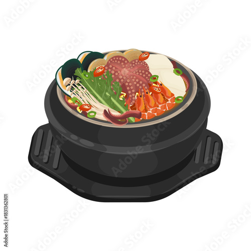 Vector Illustration logo Clip art Haemultang Korean Seafood Soup on a Ttukbaegi