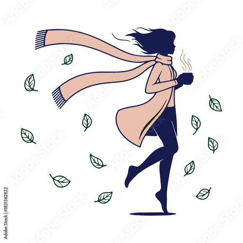Autumn wind girl silhouette with scarf and hot drink illustration