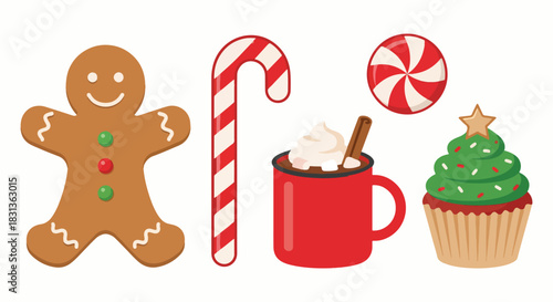 Christmas Sweets and Treats Vector Collection. Gingerbread, Candy Cane, and Cocoa