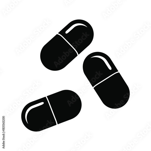 Three Medical Capsules Silhouette Icon - Pills Drug Medicine Vector