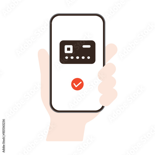 スマートフォンを持つ手のカラーイラスト クレジットカードアプリでキャッシュレス支払いをする