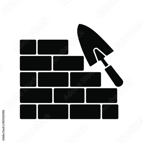 Brick Wall and Trowel Black Silhouette Icon - Masonry Construction Vector