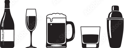 Solid black drinkware silhouette icon collection on clean white background featuring wine bottle, champagne flute, beer mug, whiskey glass, cocktail shaker minimal vector set