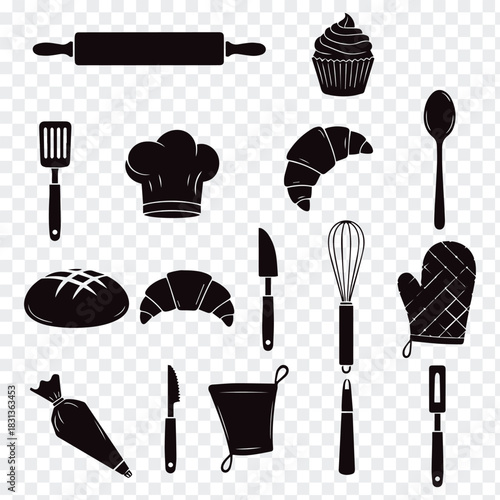 Black and white baking tools and pastries vector design collection