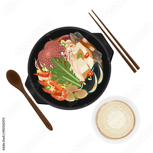 Vector Illustration logo Clip art Top View Haemultang Korean Seafood Soup with Rice