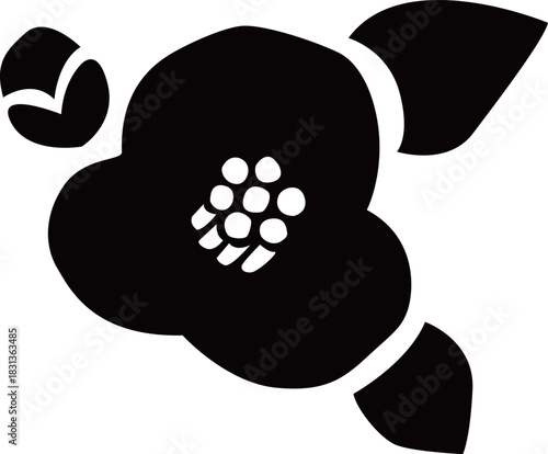 椿の花と葉とつぼみのシルエット白黒ベクター イラスト