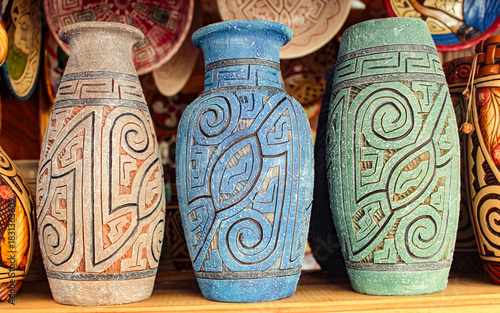 Baked clay pots with Marajoara decoration, for sale at the Ver-o-Peso market, city of Belém, state of Pará, northern Brazil.