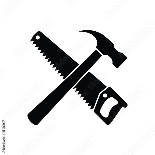 Crossed Hammer and Saw Black Silhouette Icon - Carpenter Hand Tools Vector