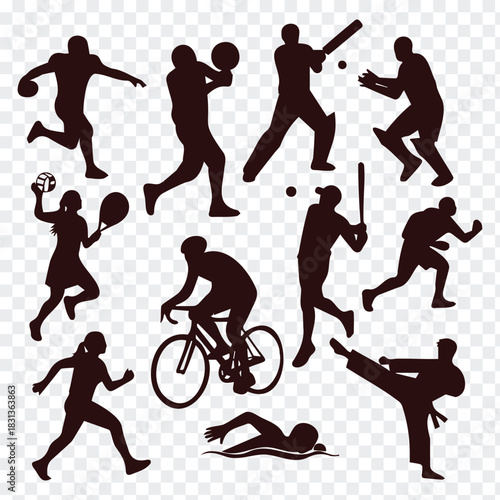 Diverse Sports Silhouette Collection Featuring Athletes in Action and Competition