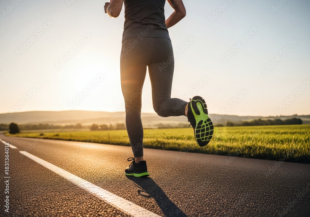 Naklejka premium Athletic woman running along country road with vibrant sunset light