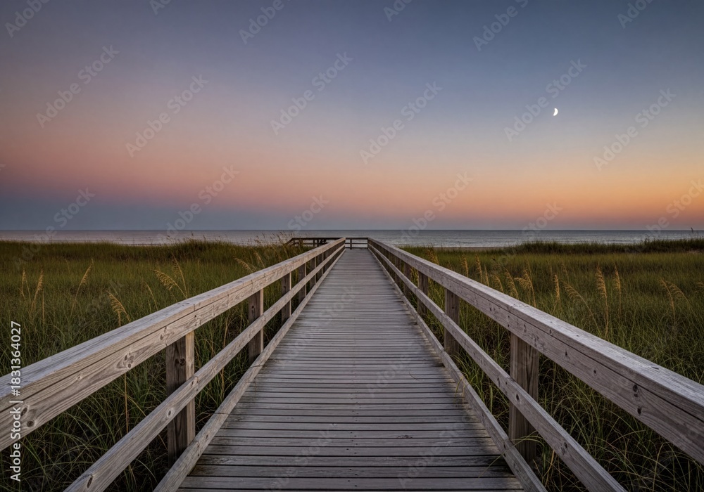 Fototapeta premium Serene Wooden Boardwalk Path Over Coastal Dunes Leading to Ocean at Sunset with Crescent Moon