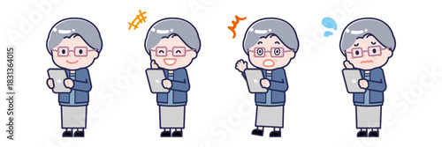 タブレットを使う「私服のシニア」の女性