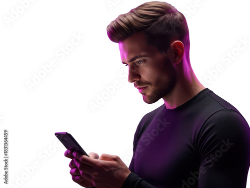 Young man with stylish haircut looking intently at his smartphone screen under dramatic purple neon light, isolated on transparent background