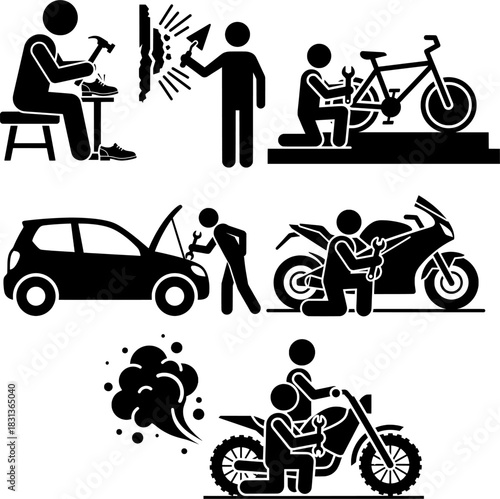 Repair, Maintenance, and Services Silhouettes Icon Set: Cobbler, Mason, Auto Mechanic, and Bike Repairman