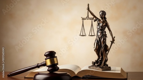 Symbolic justice scales and gavel on open book with textured background