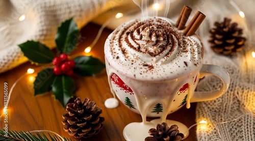 A mug of hot chocolate with whipped cream and cinnamon sticks on a wooden table surrounded by pine cones and holly.