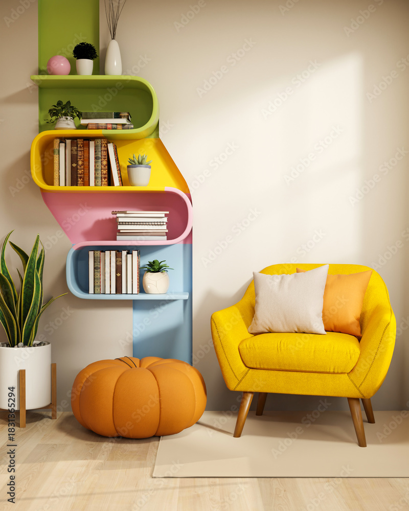 Obraz premium Colorful bookshelf on wall over pumpkin stool and yellow sofa on wooden floor in living room or cafe