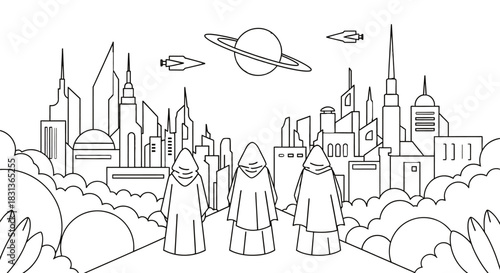 Futuristic city illustration with cloaked figures and space travel