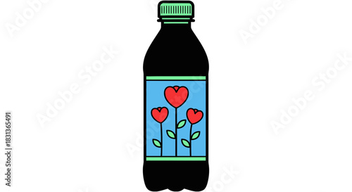 Black bottle with heart flowers label product packaging design