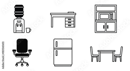 Office furniture and appliances vector icons set for design needs