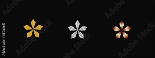 gold, silver, and bronze five-pointed faceted star insignias on black background, metallic textured symbols representing rank, achievement, award, military honor, or competitive placement in design