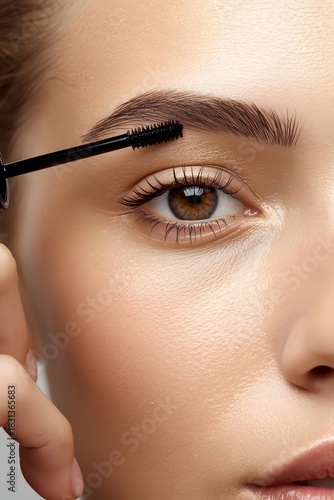 Close up beauty shot of a woman applying brow mascara to shape and define natural eyebrows with precise cosmetic grooming and soft flawless skin texture