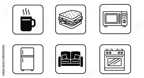 Kitchen appliances and furniture icons vector illustration set
