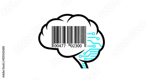Modern brain with barcode and circuit board, represents AI, innovation, and digital transformation, perfect for tech companies and marketing campaigns.