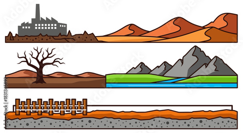 Different landscapes illustration factory desert tree mountain