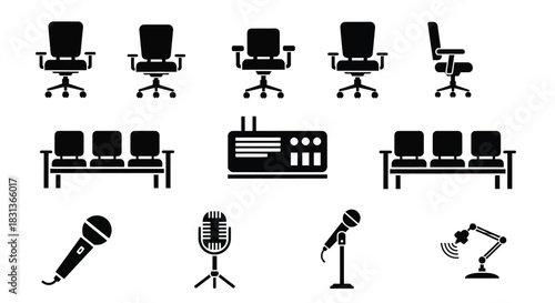 Office furniture and microphone equipment vector illustration set